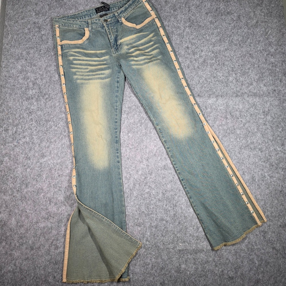 Vintage Y.O.Y.O. Flare Jeans Split Hem Distressed Studded Slit Y2K McBling sz 13